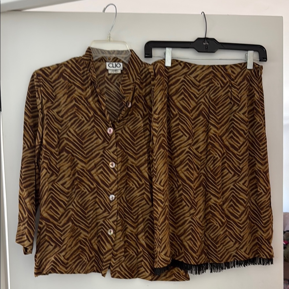 Brown Geometric Blouse and Skirt Set